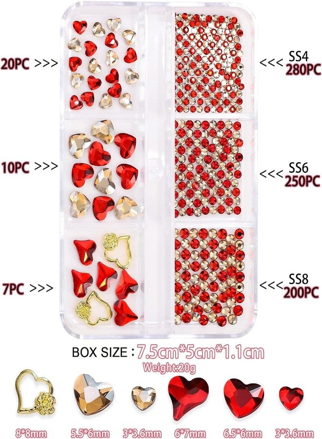 Maigitur 6Girds 767PCS 3D Red Heart Nail Art Charms Love Gems Glitter Decoration Red Valentine's Day Nail Heart Round Diamond Frame Studs Metal Rhinestones for Women Decorations Manicure Charms - Image 2